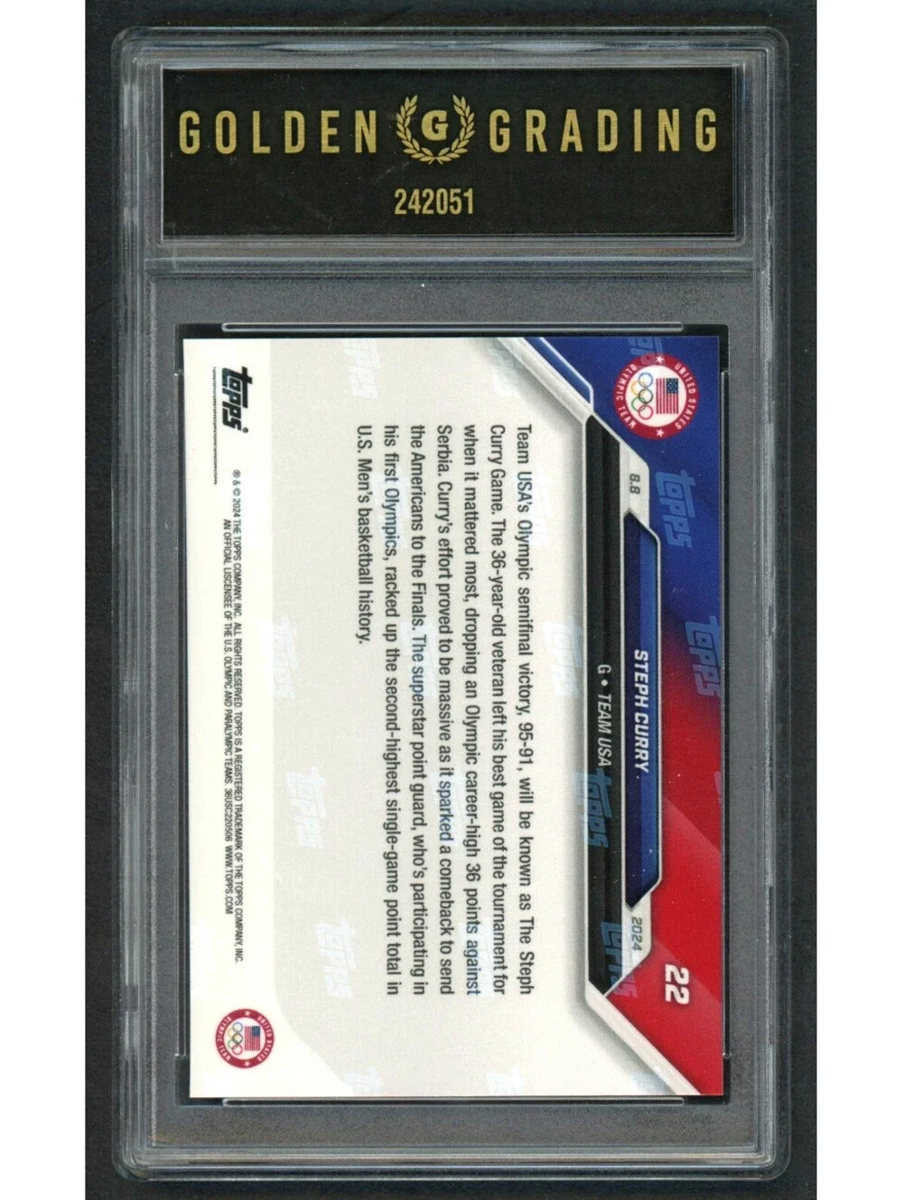 2024 Topps Now Olympics Stephen Curry #22 Team USA Gold Medal Graded Gem Mint 10